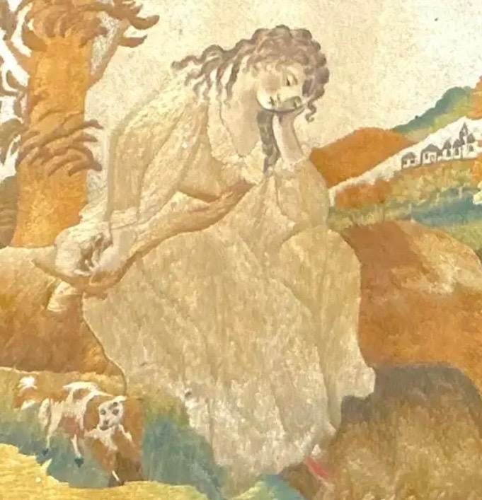 Georgian Oval Silk Embroidery of Girl With Her Dog, Framed - 3