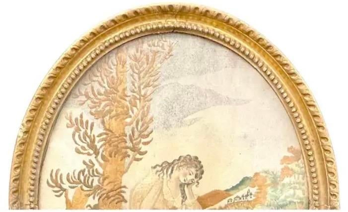 Georgian Oval Silk Embroidery of Girl With Her Dog, Framed - 5