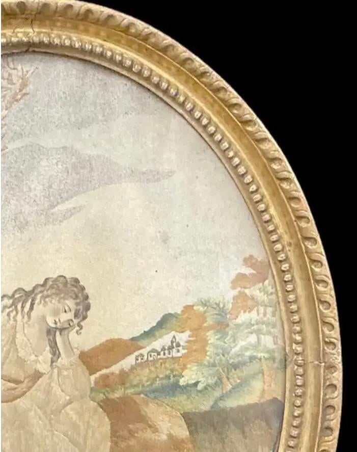 Georgian Oval Silk Embroidery of Girl With Her Dog, Framed - 6