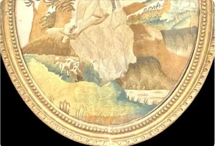 Georgian Oval Silk Embroidery of Girl With Her Dog, Framed - 7