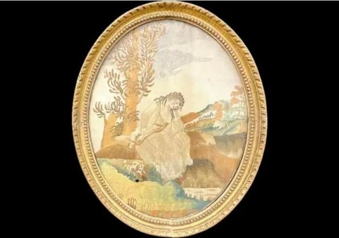 Georgian Oval Silk Embroidery of Girl With Her Dog, Framed - 9