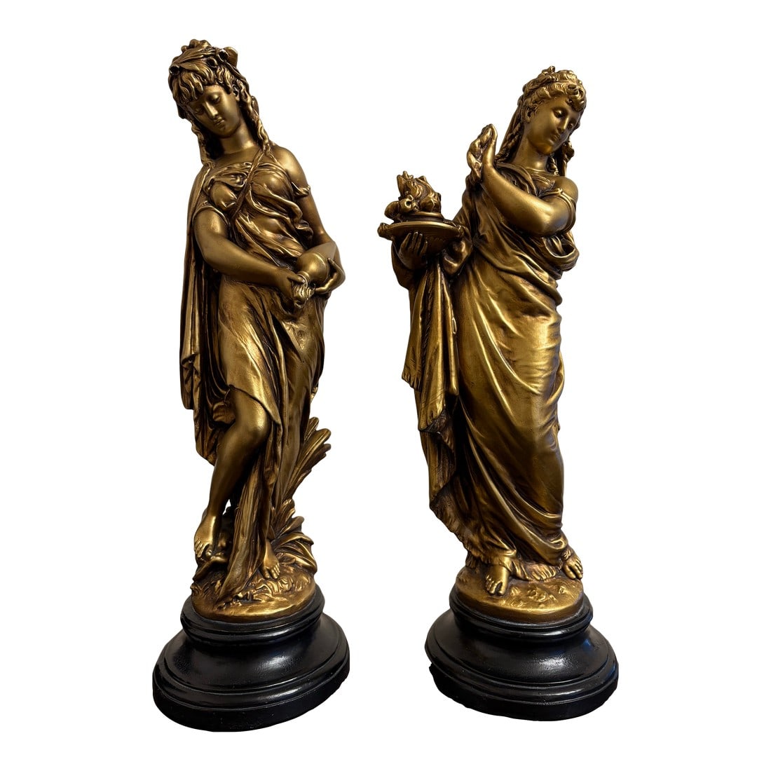 Vintage Pair Gold Signed Norwal Chalkware Grecian Lady Sculptures: In the 1950's through the 1969's figural sculptures were fashionable. This pair of Grecian figurines are made from plaster/chalk mold. The theme of these figurines is classical Grecian from the