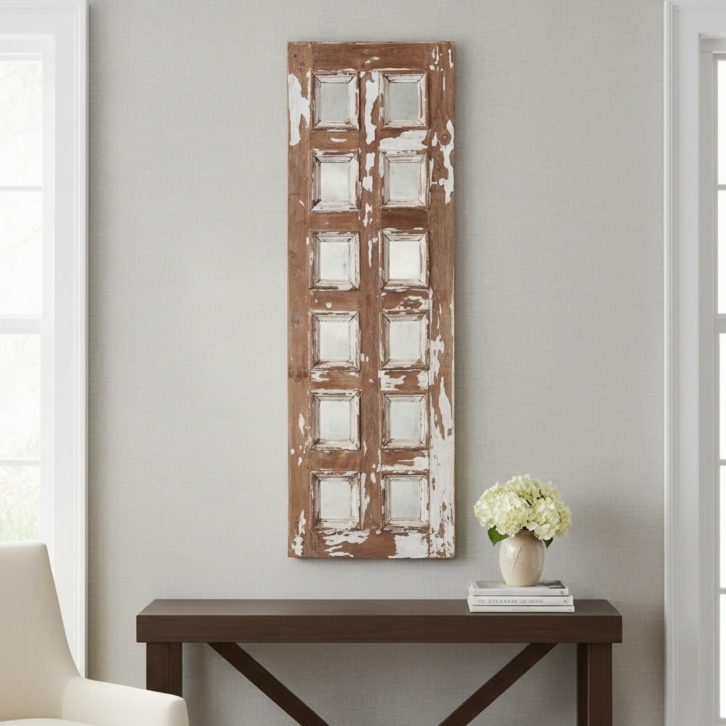 Vintage Teak Wood Window Repurposed Wall Panel With Mirror - 2