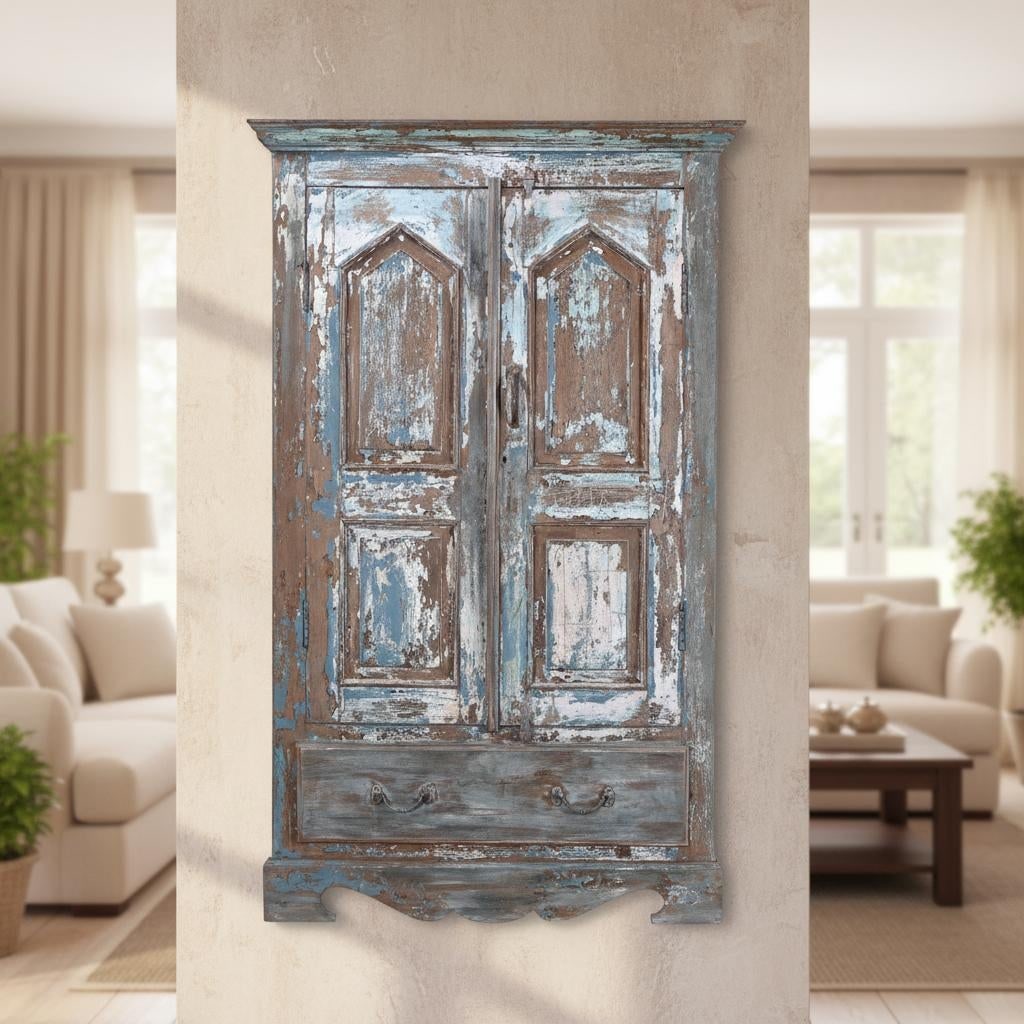 Vintage Distressed Blue Teak Wood 59 in. Tall Door Repurposed Wall Decor - 2