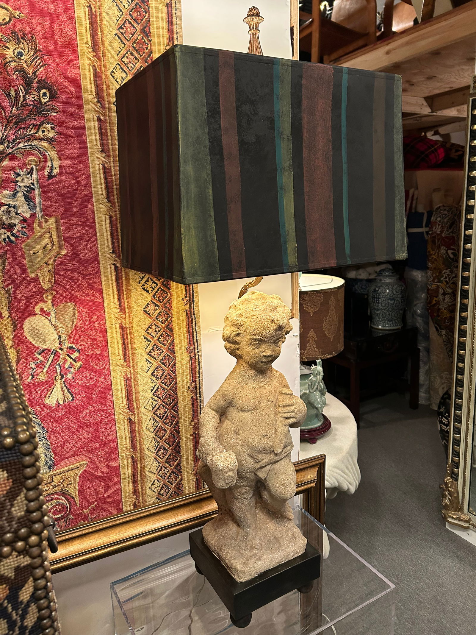 Antique Cement Putti Table Lamps With Custom Wood Bases- A Pair - 2