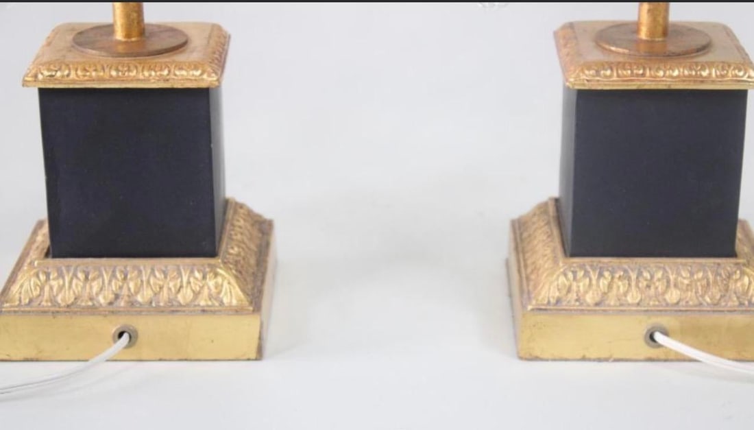 1950s Foliate Italian Tole Hollywood Regency Gold Gilt and Black Pair of Lamps With Crystals - a Pai - 12