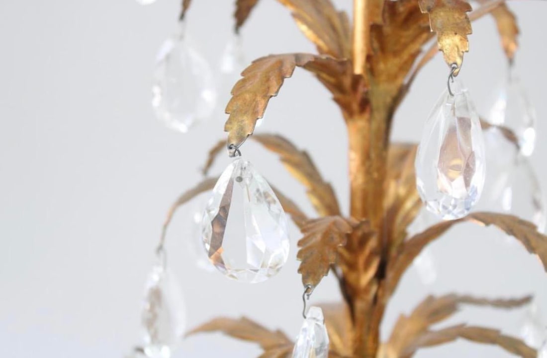 1950s Foliate Italian Tole Hollywood Regency Gold Gilt and Black Pair of Lamps With Crystals - a Pai - 3