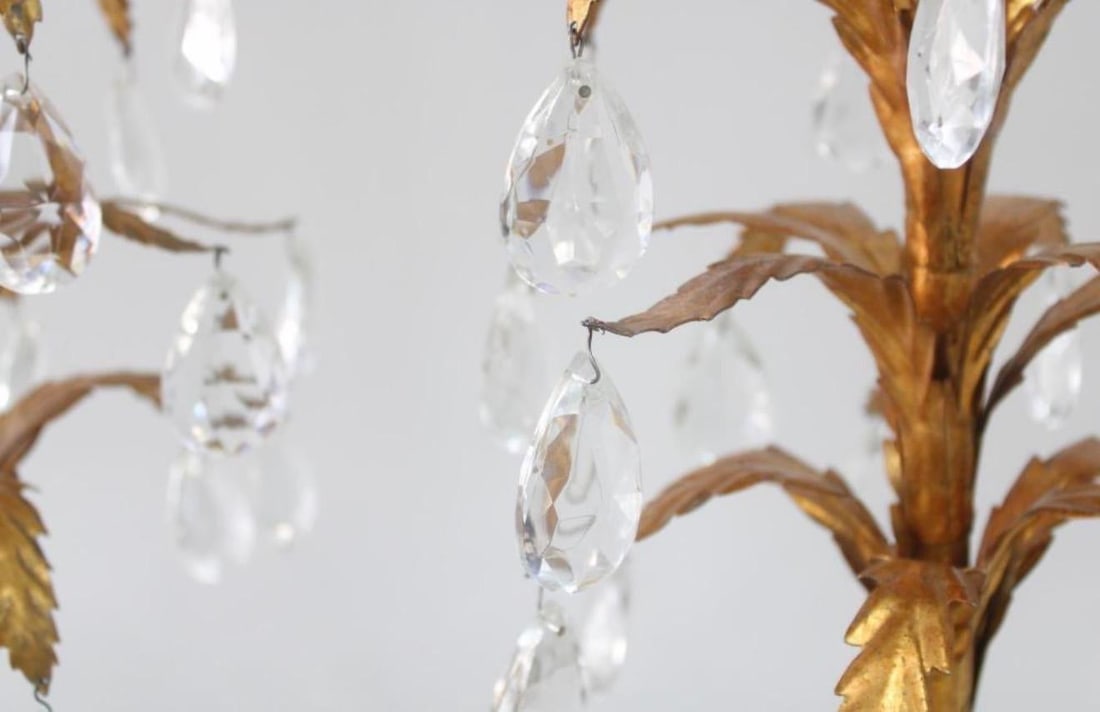 1950s Foliate Italian Tole Hollywood Regency Gold Gilt and Black Pair of Lamps With Crystals - a Pai - 6