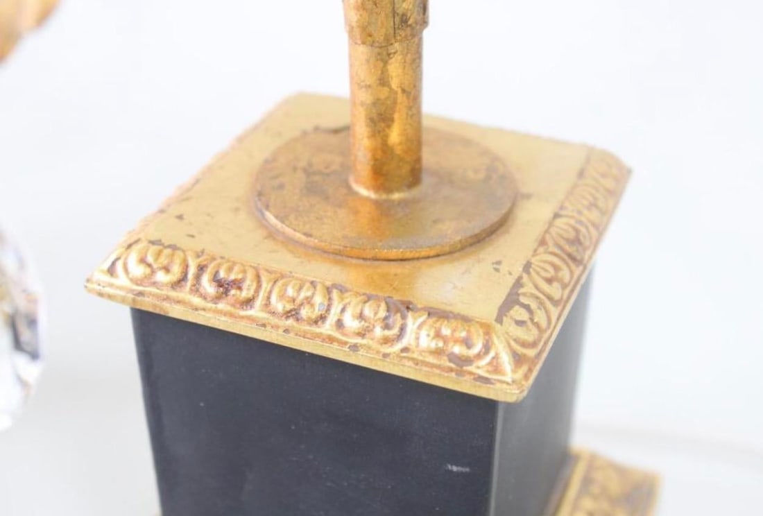 1950s Foliate Italian Tole Hollywood Regency Gold Gilt and Black Pair of Lamps With Crystals - a Pai - 7