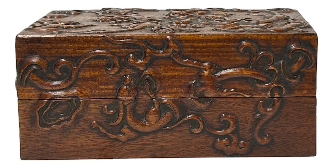 Oriental Relief Mythical Figure Motif Brown Natural Wood Small Accent Box (1 of 9)