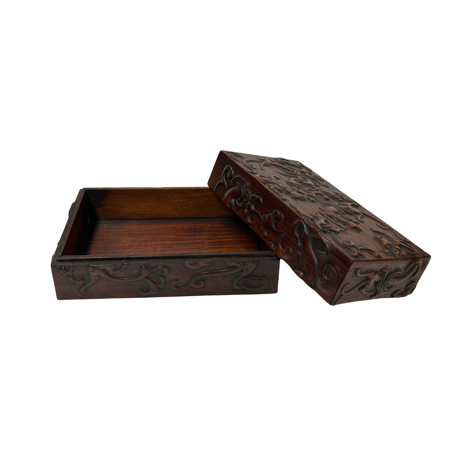 Oriental Relief Mythical Figure Motif Brown Natural Wood Small Accent Box - 3