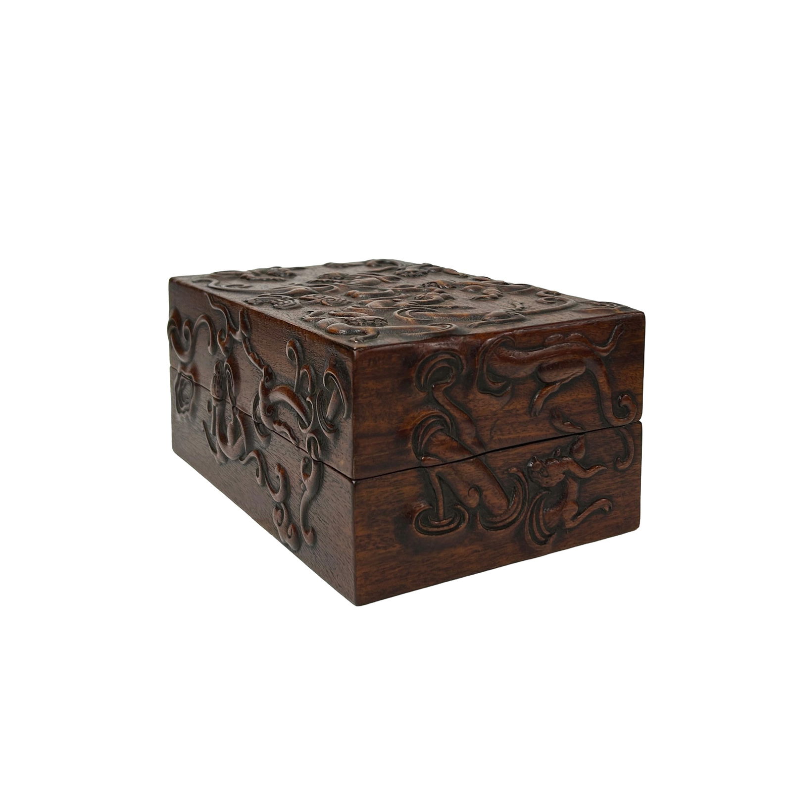 Oriental Relief Mythical Figure Motif Brown Natural Wood Small Accent Box - 4
