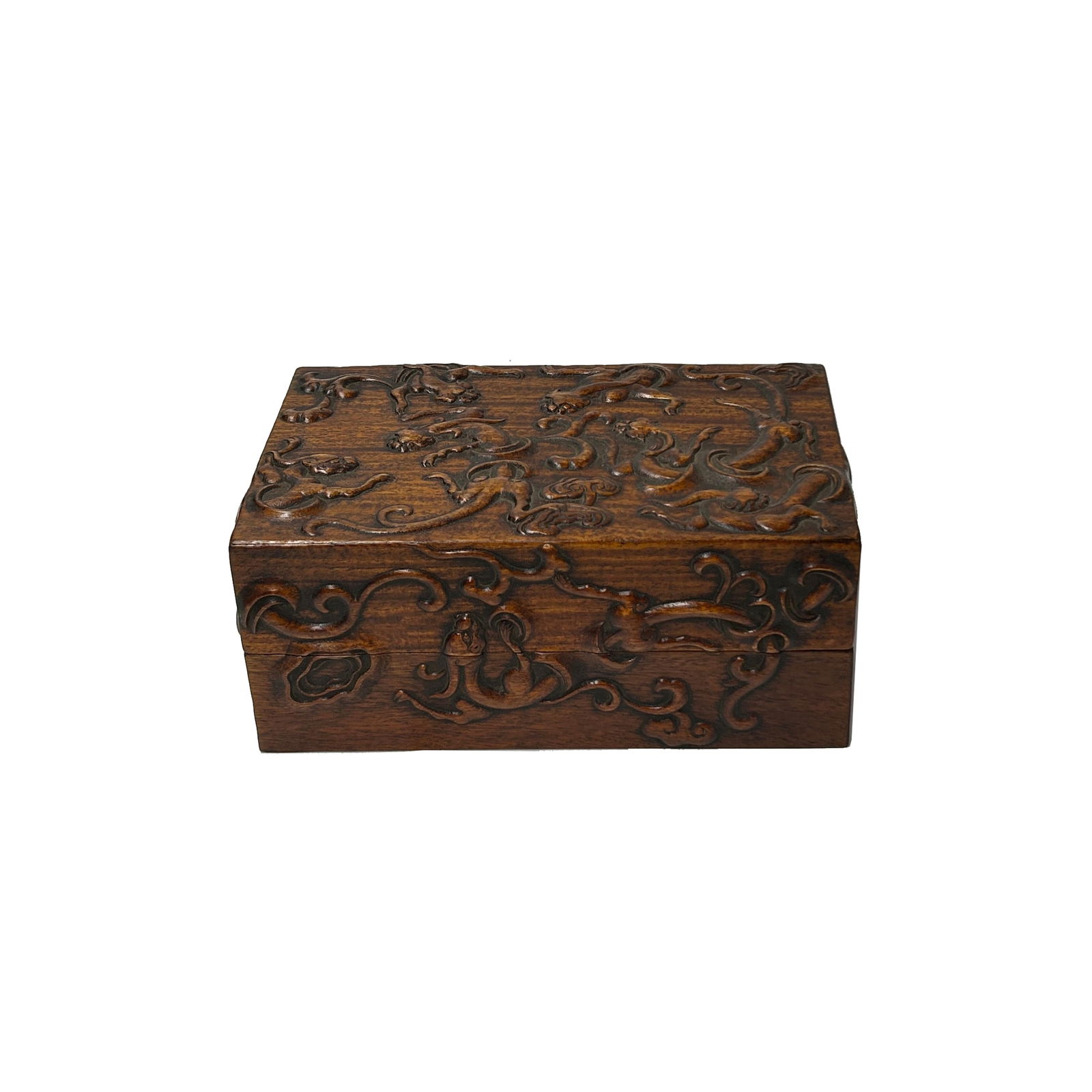 Oriental Relief Mythical Figure Motif Brown Natural Wood Small Accent Box - 6