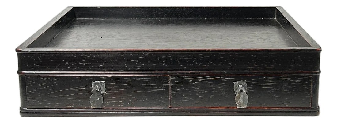 Oriental Small Drawers Dark Brown Rectangular Accent Treasure Chest Box: This elegant, dark brown wooden display tray combines minimalist geometry with functional antique charm. Crafted with a square silhouette, the piece features a sunken top surface framed by a subtle
