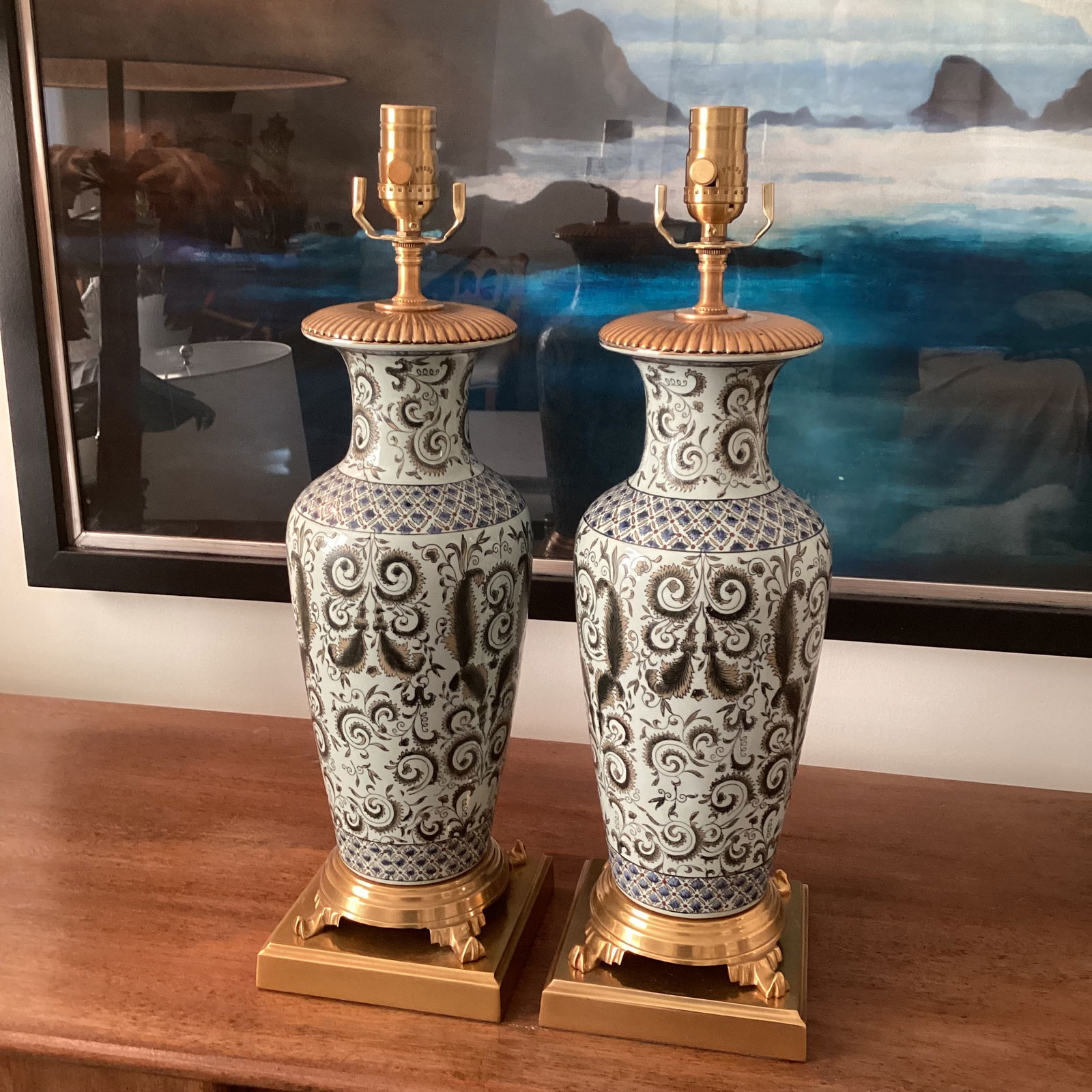 1960s Pair of Frederick Cooper Attributed Ceramic and Brass Table Lamps - Fully Restored - 2