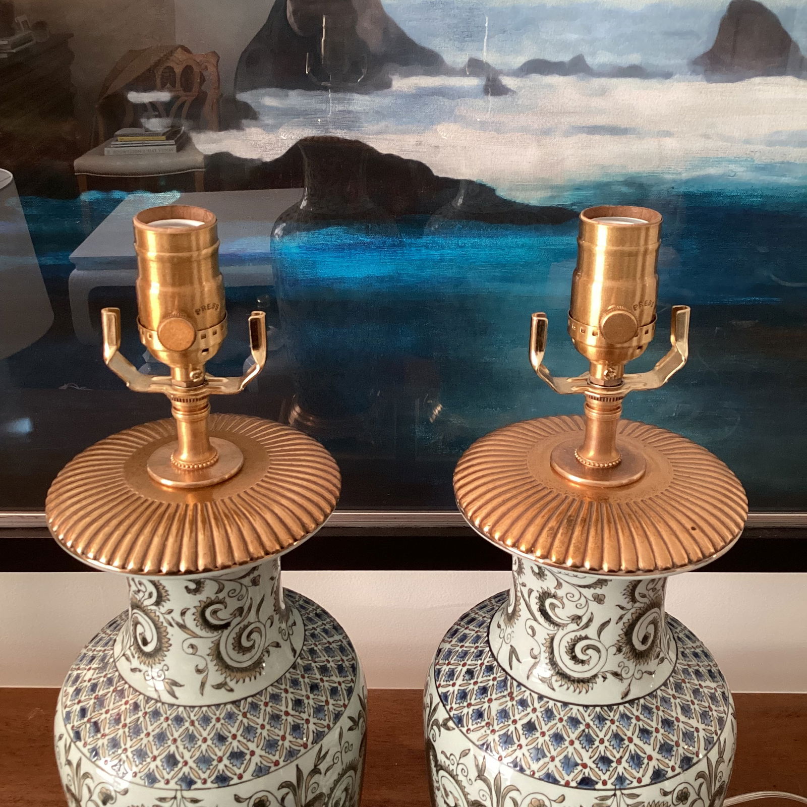 1960s Pair of Frederick Cooper Attributed Ceramic and Brass Table Lamps - Fully Restored - 4