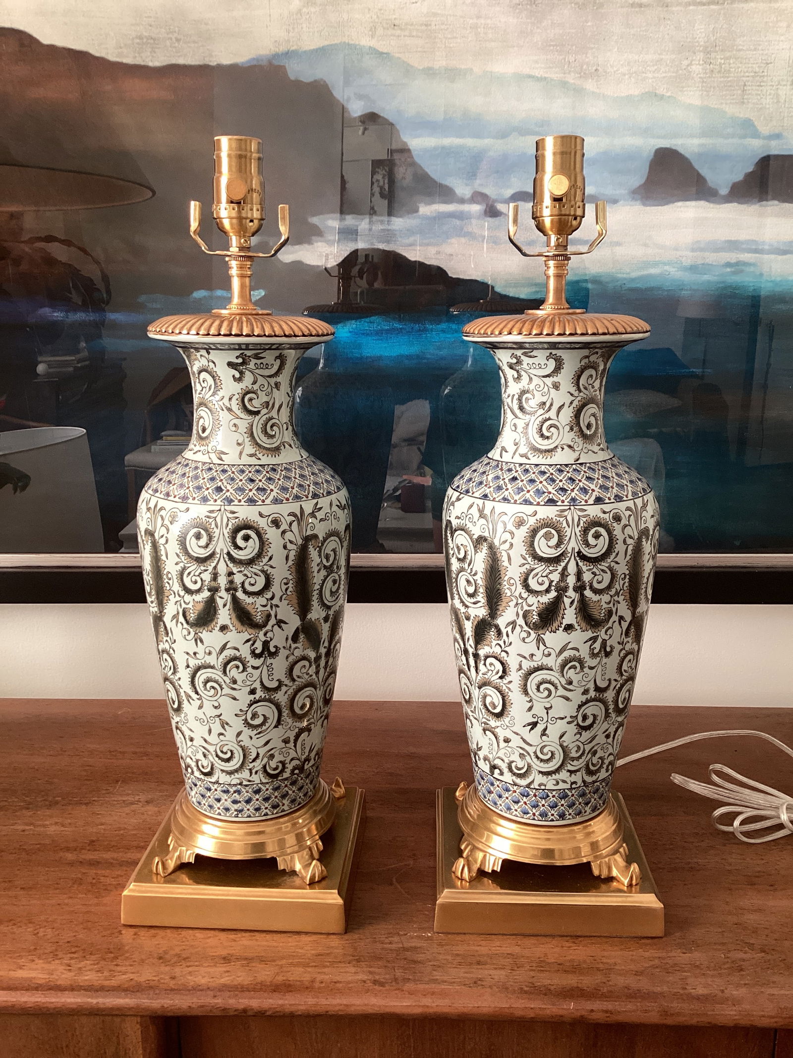 1960s Pair of Frederick Cooper Attributed Ceramic and Brass Table Lamps - Fully Restored - 7