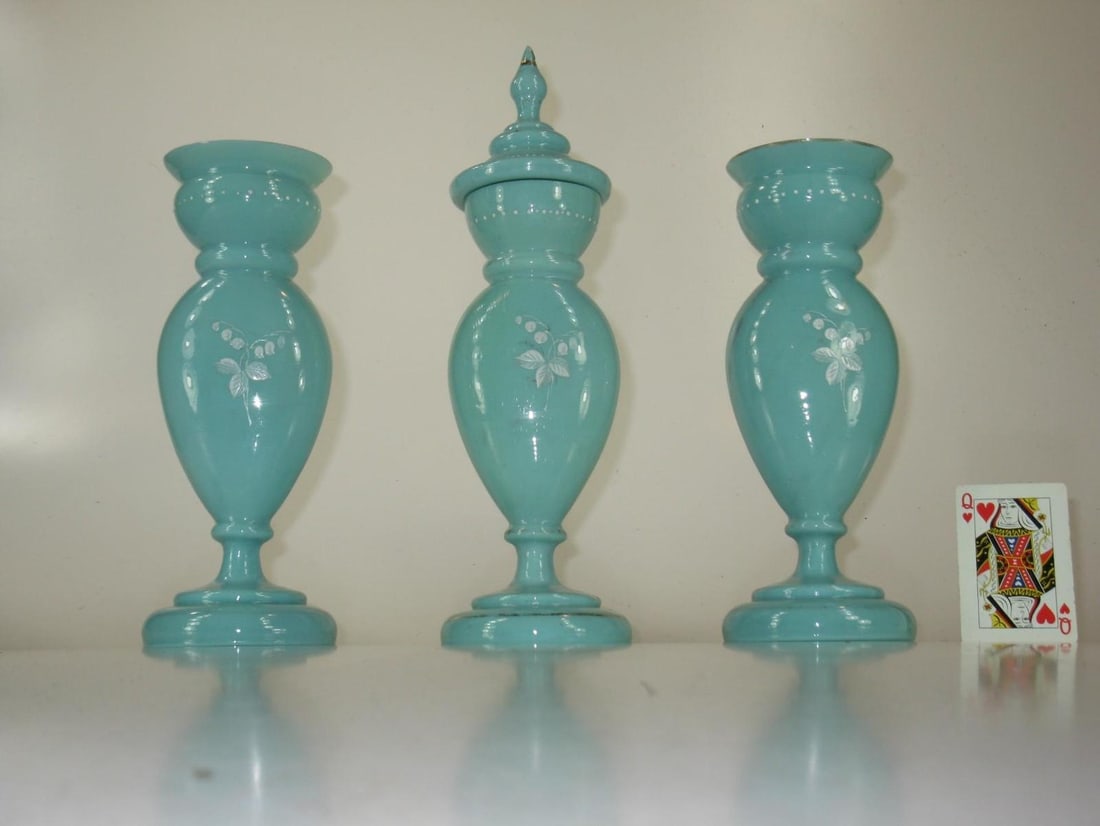 Mid 19th Century Vases Victorian Mantel 3-Pc. Set Bristol Glass Blue Opalescent Hand-Painted Floral - 11