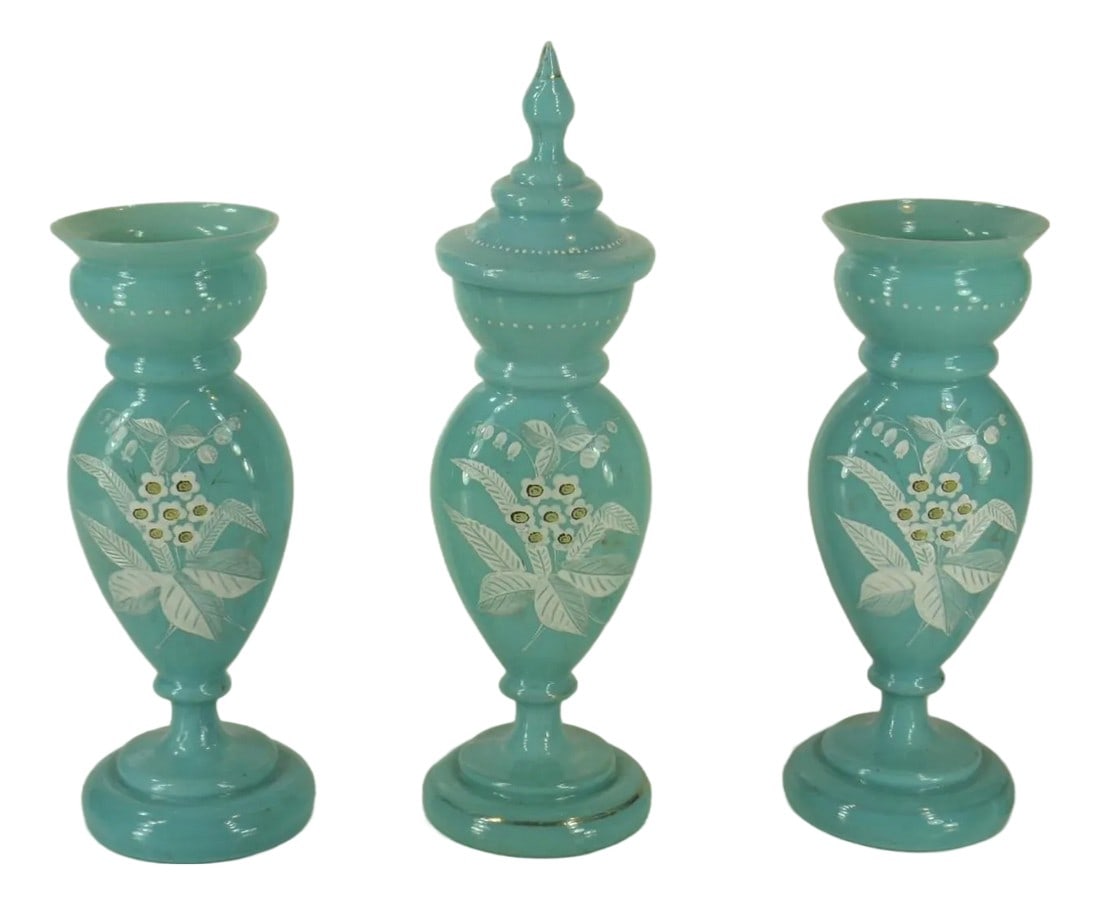 Mid 19th Century Vases Victorian Mantel 3-Pc. Set Bristol Glass Blue Opalescent Hand-Painted Floral: This Victorian Beaux-Arts mantel 3-piece set of vases tributed to Bristol Glass features blue Opalescent floral Enamel in a round shape, perfect for all occasions. The hand-blown glass vases are of