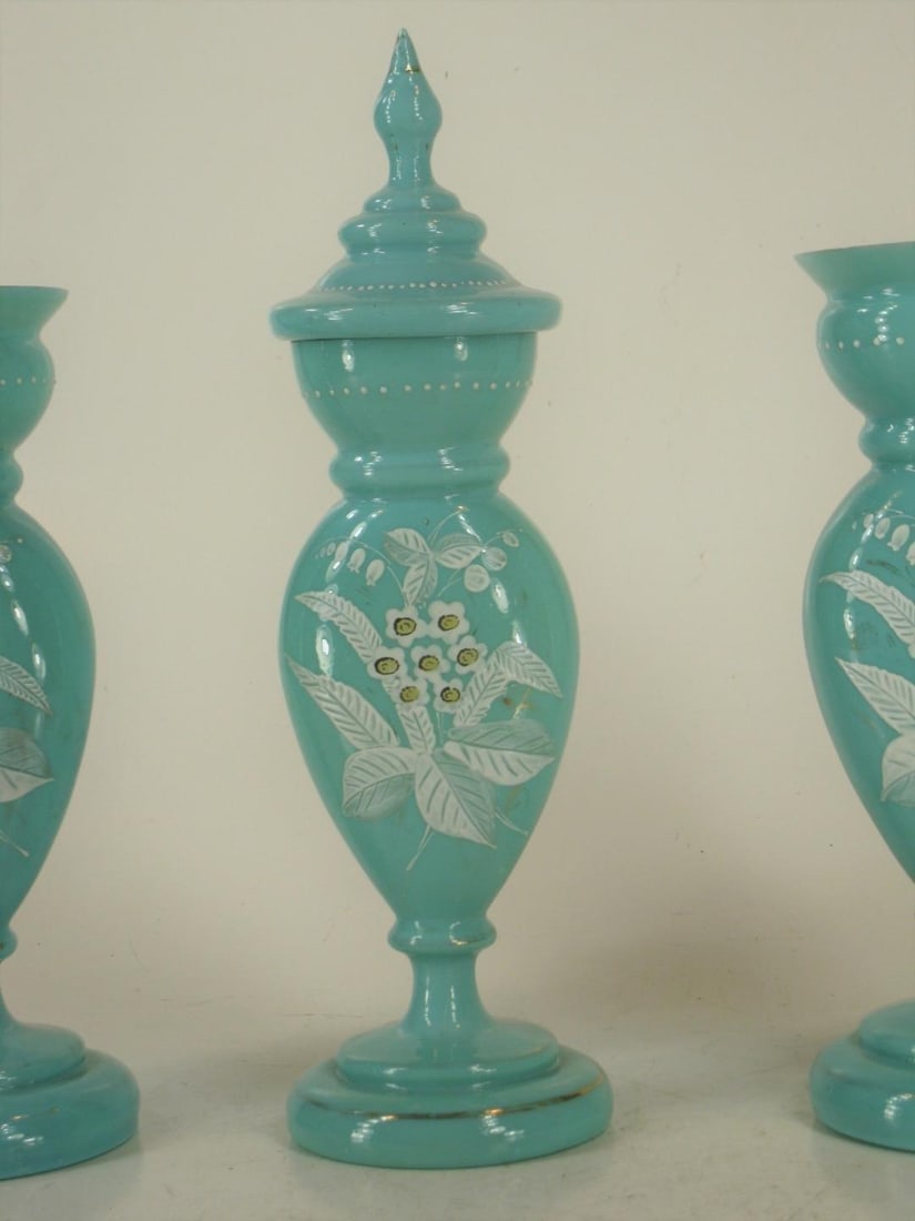 Mid 19th Century Vases Victorian Mantel 3-Pc. Set Bristol Glass Blue Opalescent Hand-Painted Floral - 2