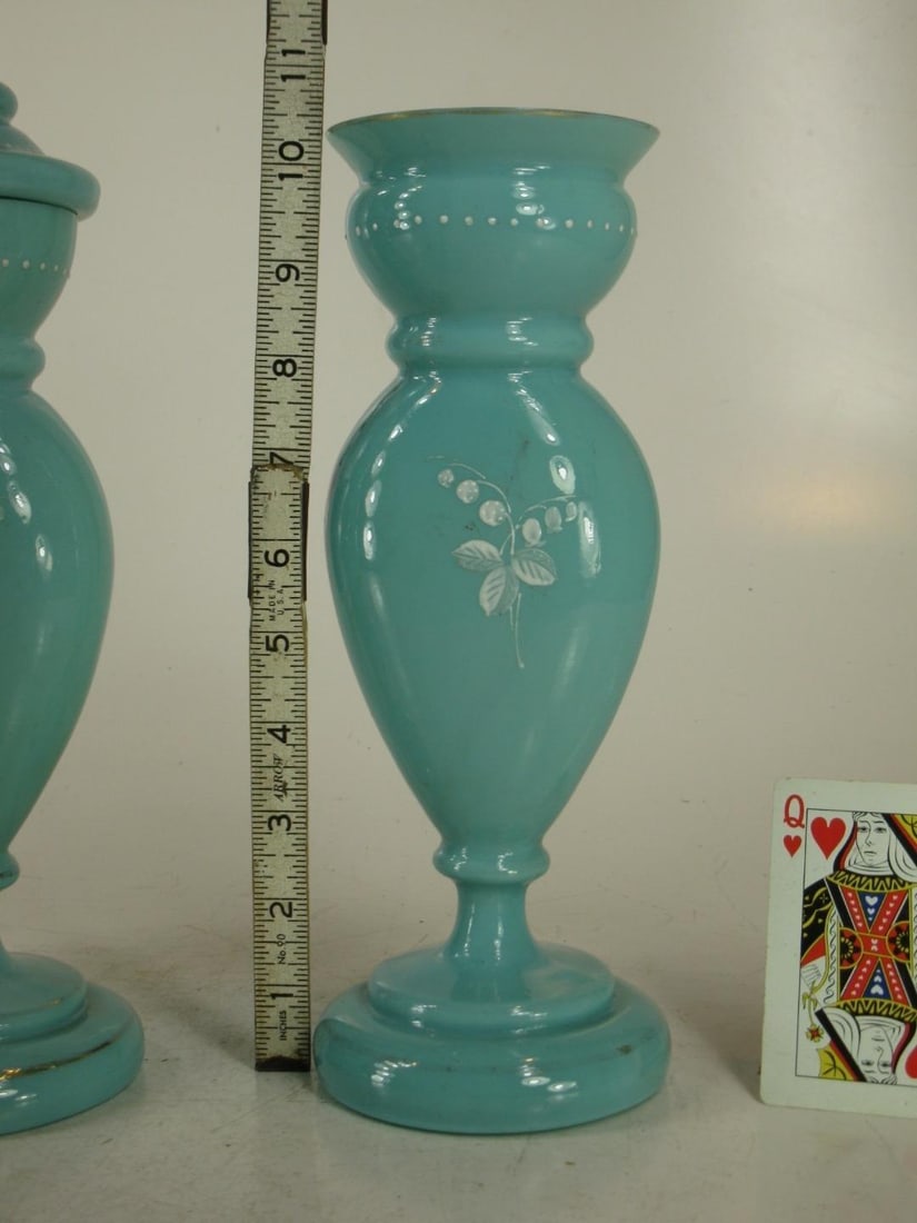 Mid 19th Century Vases Victorian Mantel 3-Pc. Set Bristol Glass Blue Opalescent Hand-Painted Floral - 3