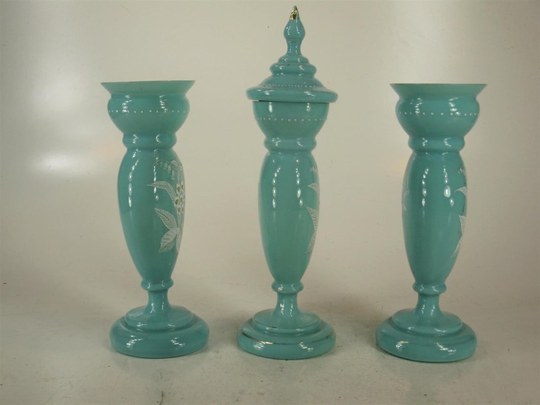 Mid 19th Century Vases Victorian Mantel 3-Pc. Set Bristol Glass Blue Opalescent Hand-Painted Floral - 4