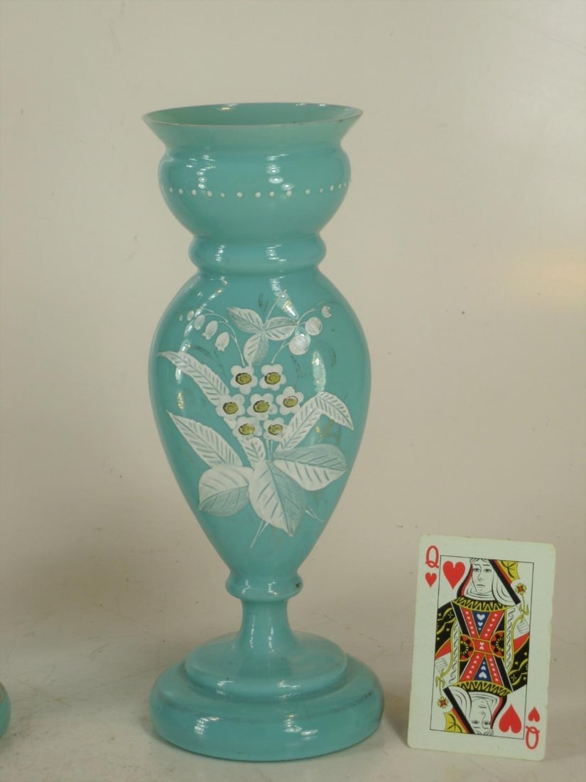 Mid 19th Century Vases Victorian Mantel 3-Pc. Set Bristol Glass Blue Opalescent Hand-Painted Floral - 5