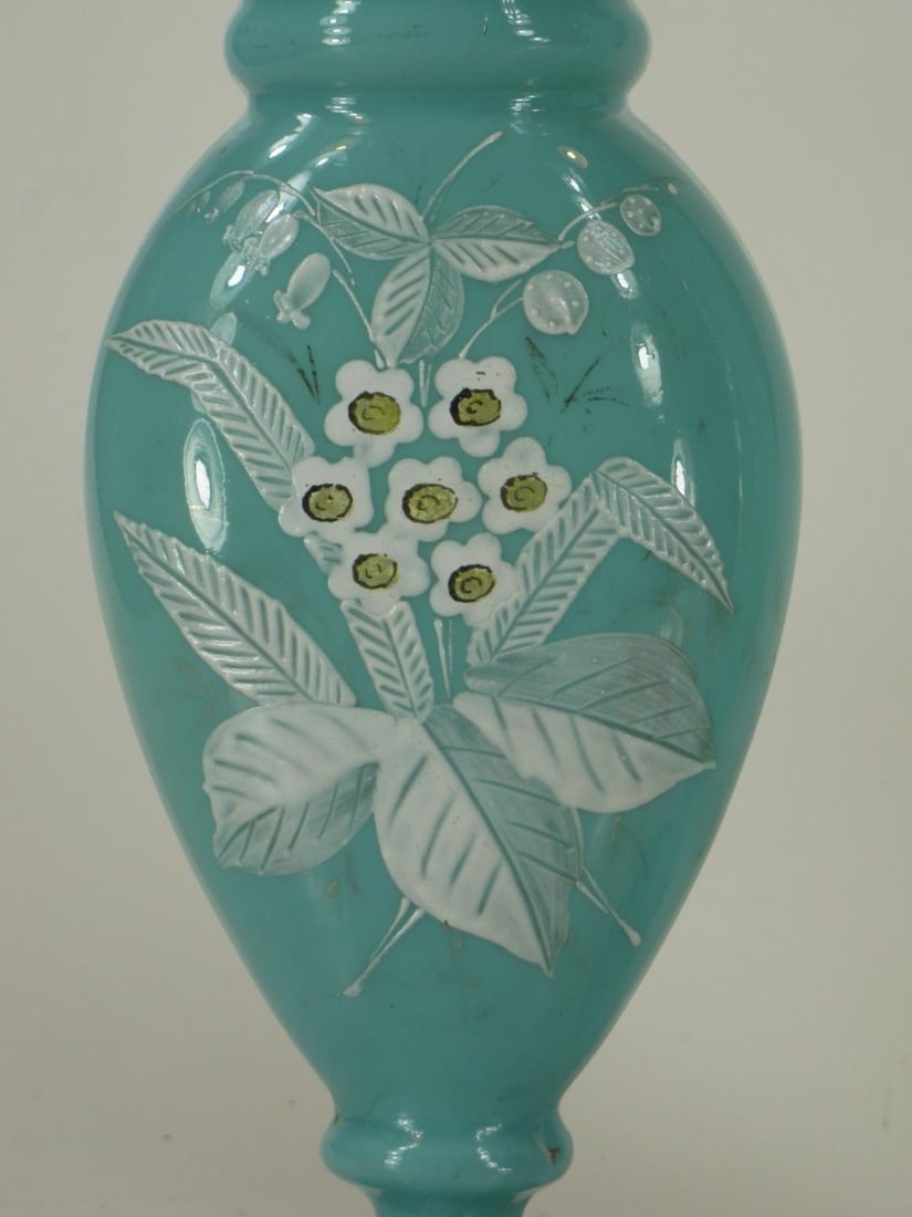 Mid 19th Century Vases Victorian Mantel 3-Pc. Set Bristol Glass Blue Opalescent Hand-Painted Floral - 6