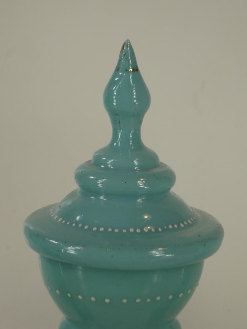 Mid 19th Century Vases Victorian Mantel 3-Pc. Set Bristol Glass Blue Opalescent Hand-Painted Floral - 8