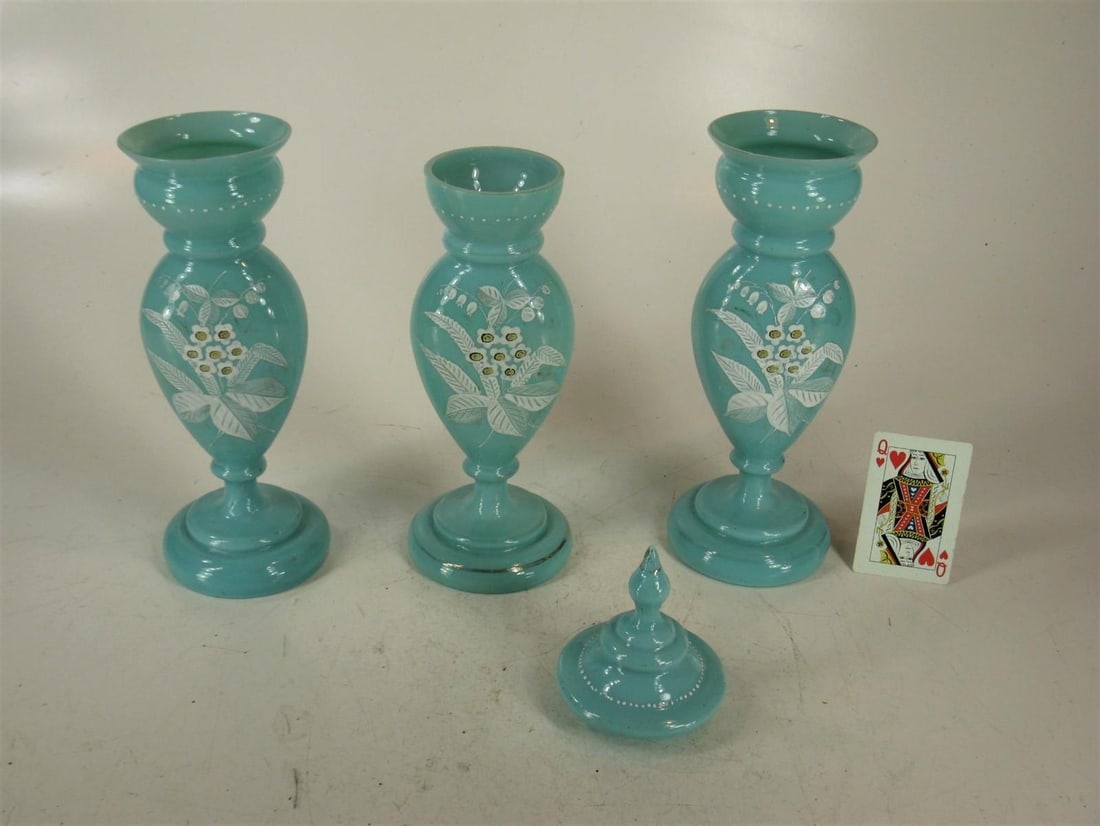 Mid 19th Century Vases Victorian Mantel 3-Pc. Set Bristol Glass Blue Opalescent Hand-Painted Floral - 9