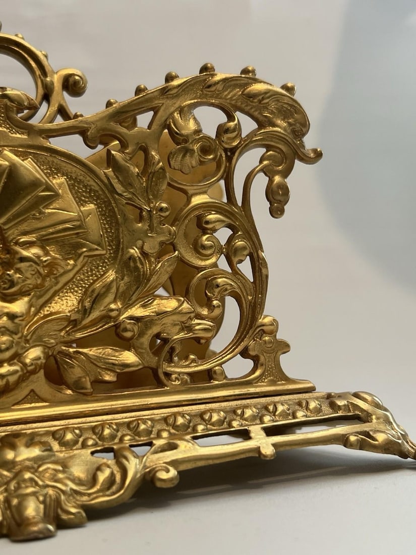 Antique Gilt Bronze Letter Holder Desk Accessory Child Boy Holding Envelops - 14