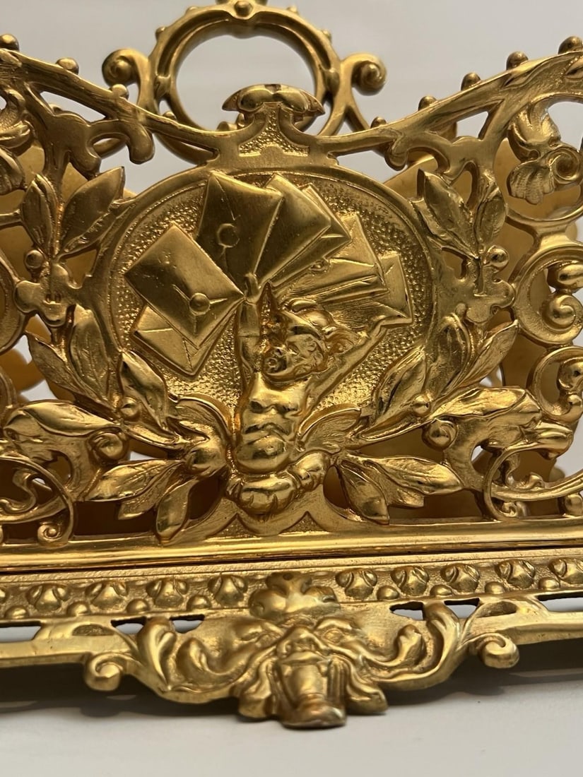 Antique Gilt Bronze Letter Holder Desk Accessory Child Boy Holding Envelops - 2