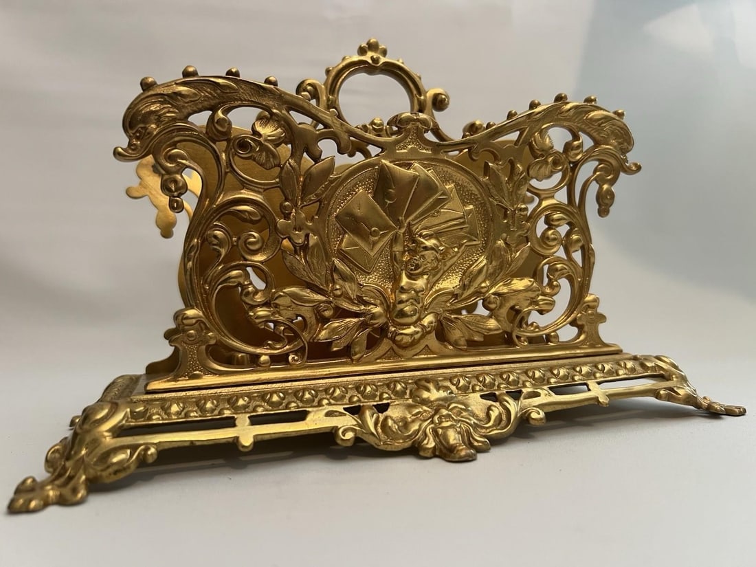 Antique Gilt Bronze Letter Holder Desk Accessory Child Boy Holding Envelops - 3