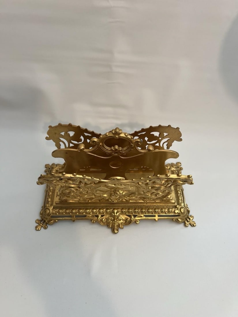 Antique Gilt Bronze Letter Holder Desk Accessory Child Boy Holding Envelops - 4