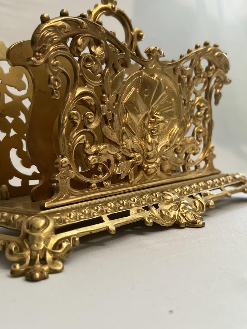 Antique Gilt Bronze Letter Holder Desk Accessory Child Boy Holding Envelops - 6