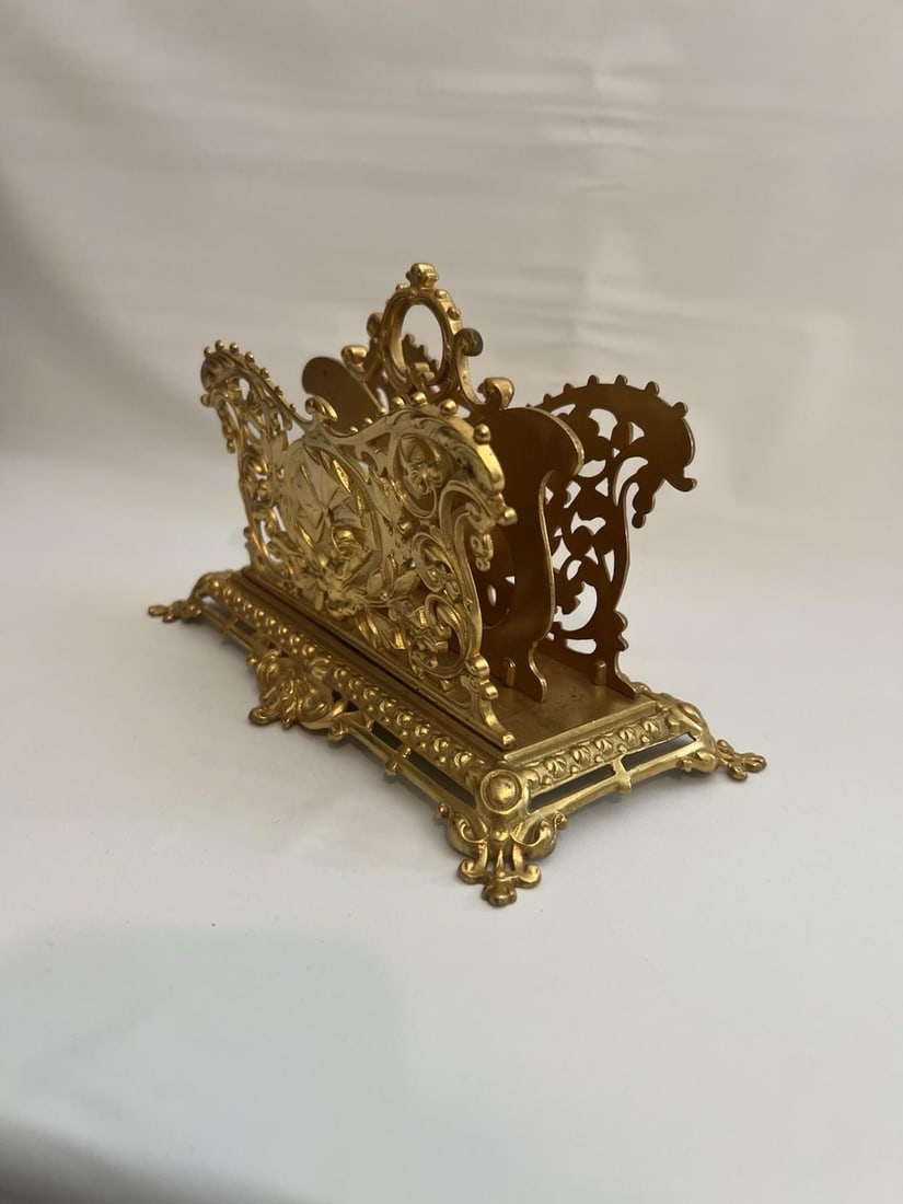 Antique Gilt Bronze Letter Holder Desk Accessory Child Boy Holding Envelops - 8