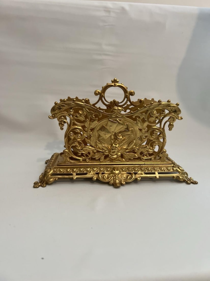 Antique Gilt Bronze Letter Holder Desk Accessory Child Boy Holding Envelops - 9