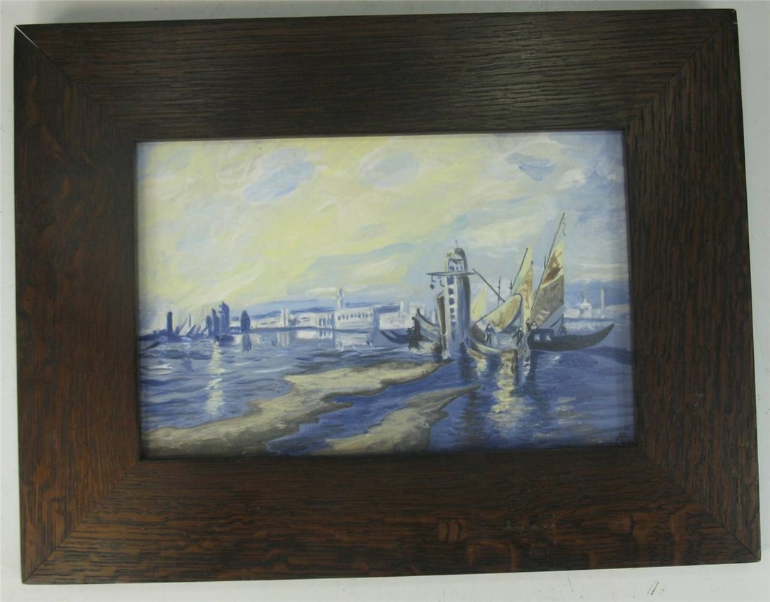 1990s Harbor Scenic Hand-Painted Tile Plaque Oak Framed Arts Crafts Richard Freiwald - 3
