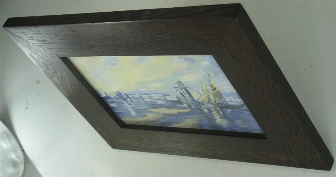 1990s Harbor Scenic Hand-Painted Tile Plaque Oak Framed Arts Crafts Richard Freiwald - 5