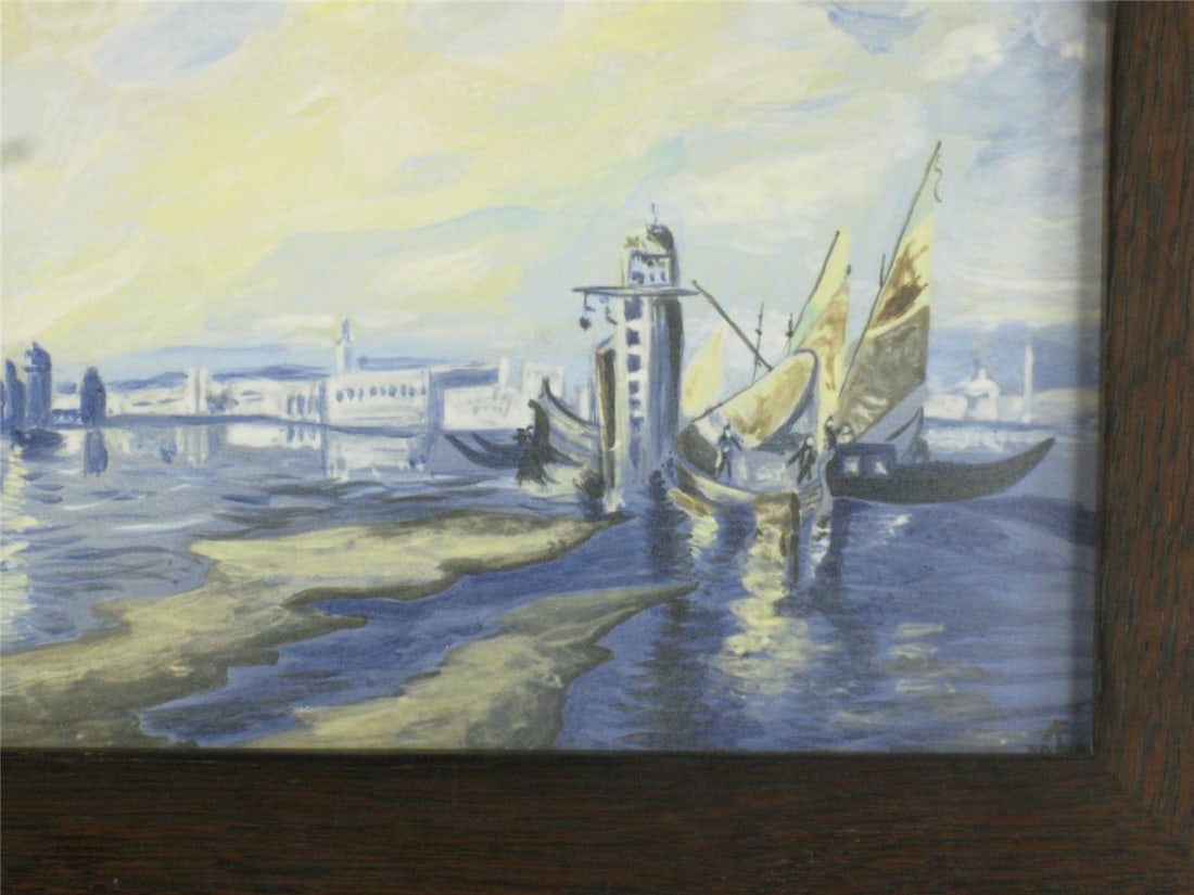 1990s Harbor Scenic Hand-Painted Tile Plaque Oak Framed Arts Crafts Richard Freiwald - 6