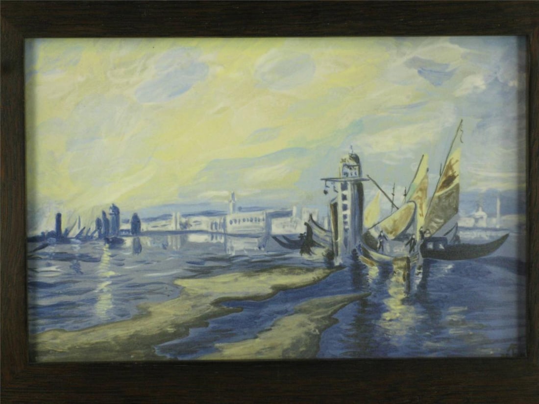 1990s Harbor Scenic Hand-Painted Tile Plaque Oak Framed Arts Crafts Richard Freiwald - 7