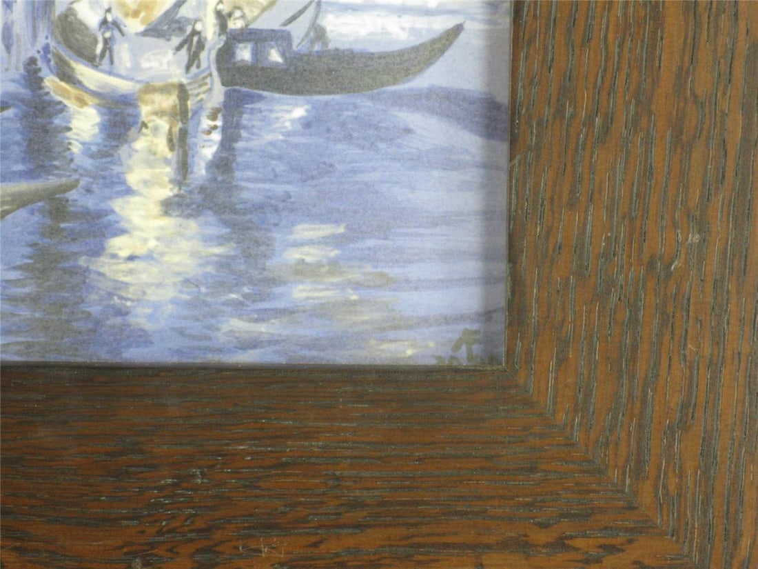 1990s Harbor Scenic Hand-Painted Tile Plaque Oak Framed Arts Crafts Richard Freiwald - 8