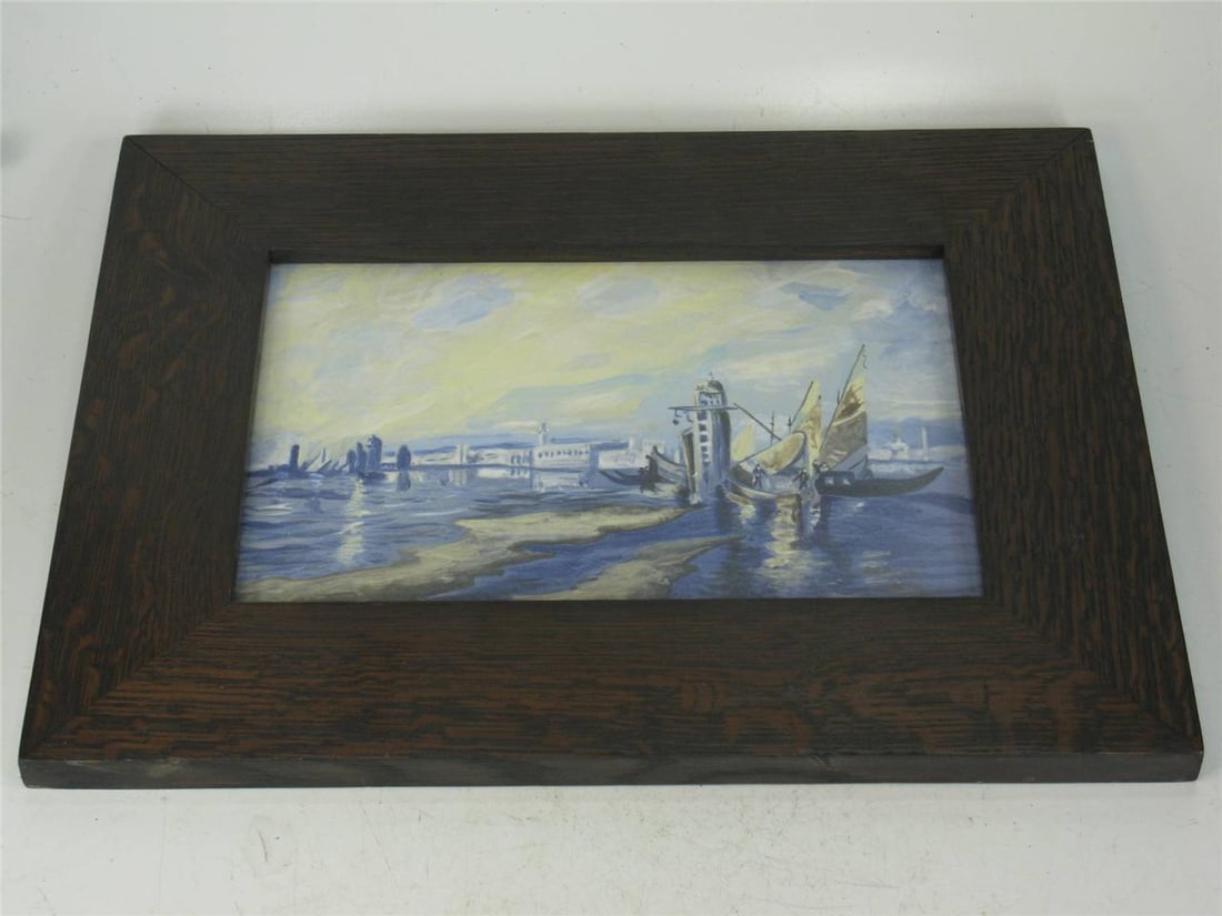 1990s Harbor Scenic Hand-Painted Tile Plaque Oak Framed Arts Crafts Richard Freiwald - 9