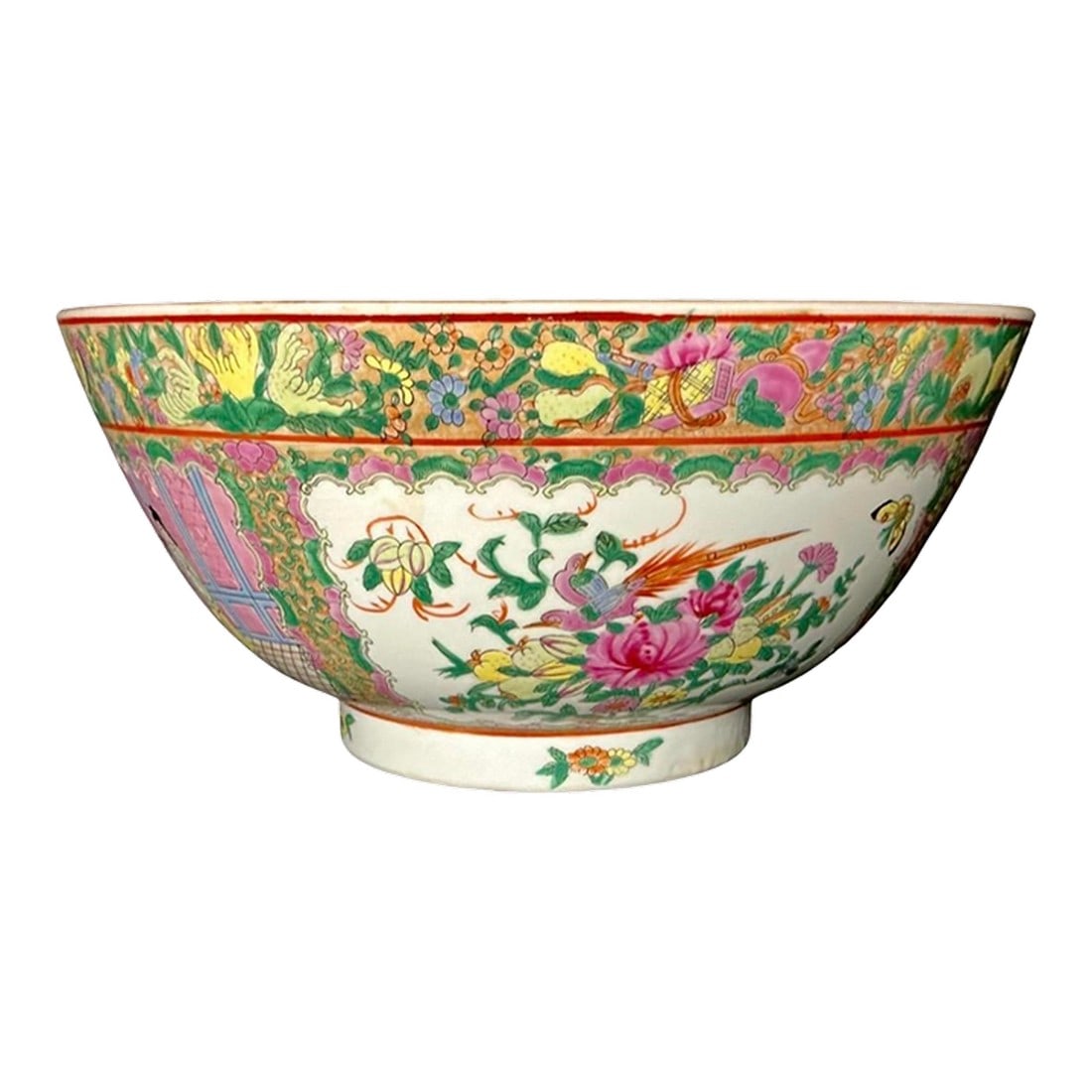 19th Century Large Chinese Famille Rose Medallion Porcelain Punch Bowl: Chinese Famille Rose Medallion Porcelain Bowl. Large bowl is hand-painted and richly adorned with figural court scenes, floral reserves, birds, and an ornate profusion of butterflies and blossoms