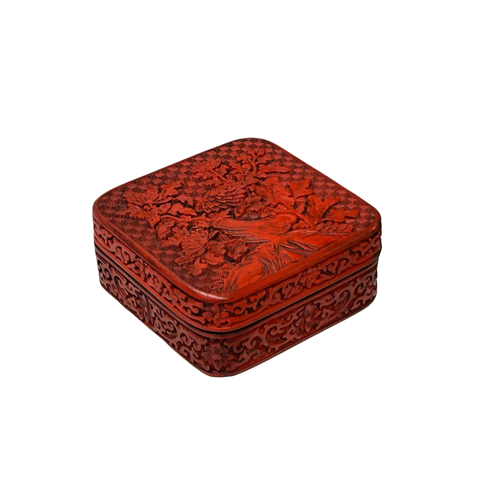 Handcrafted Vintage Chinese Red Lacquer Square Floral Accent Box - 5