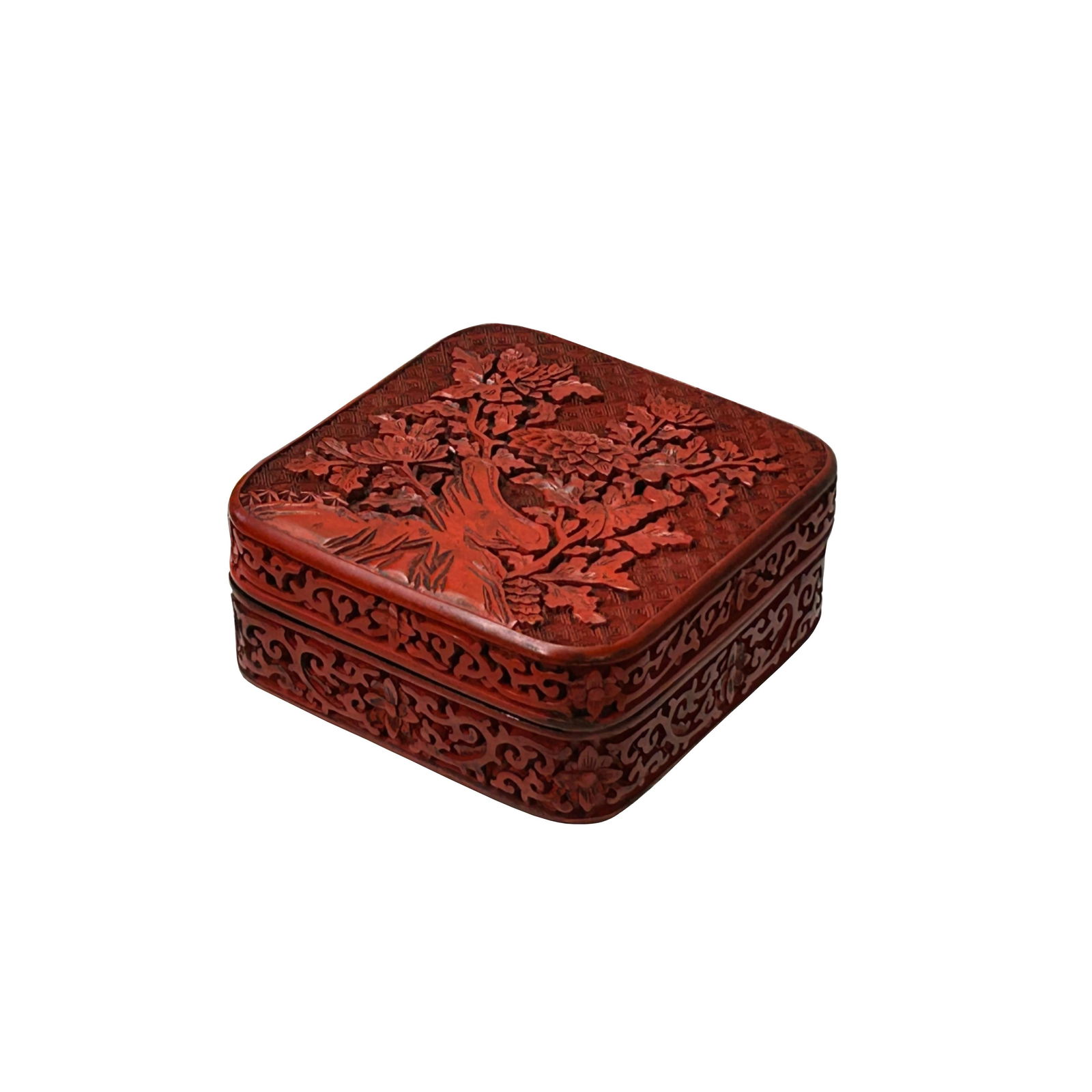 Handcrafted Vintage Chinese Red Lacquer Square Floral Accent Box - 7