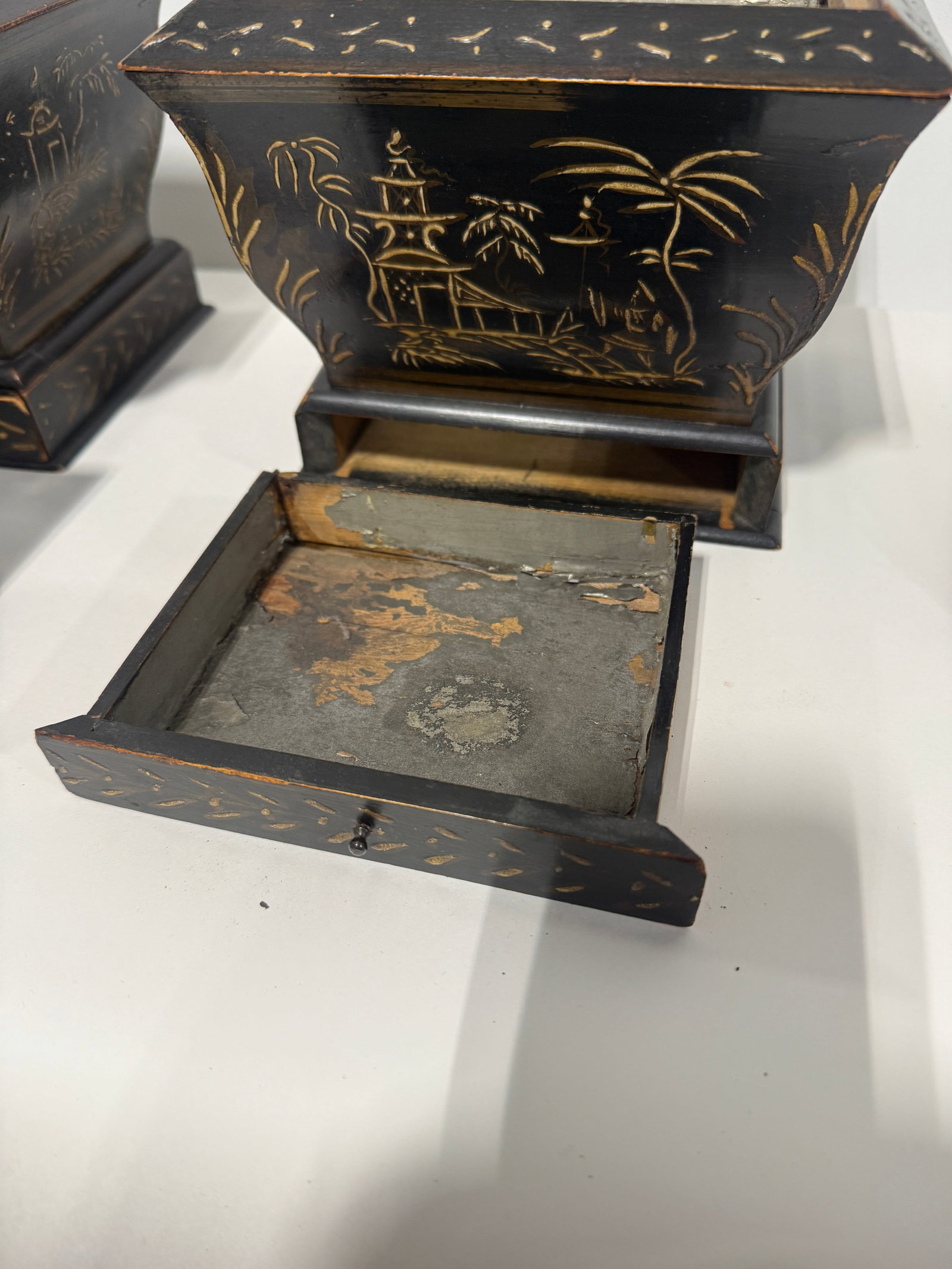 Pair, Japanned Chinoiserie Tea Caddies W/ Sifter Drawers, English C. 1830 - 3