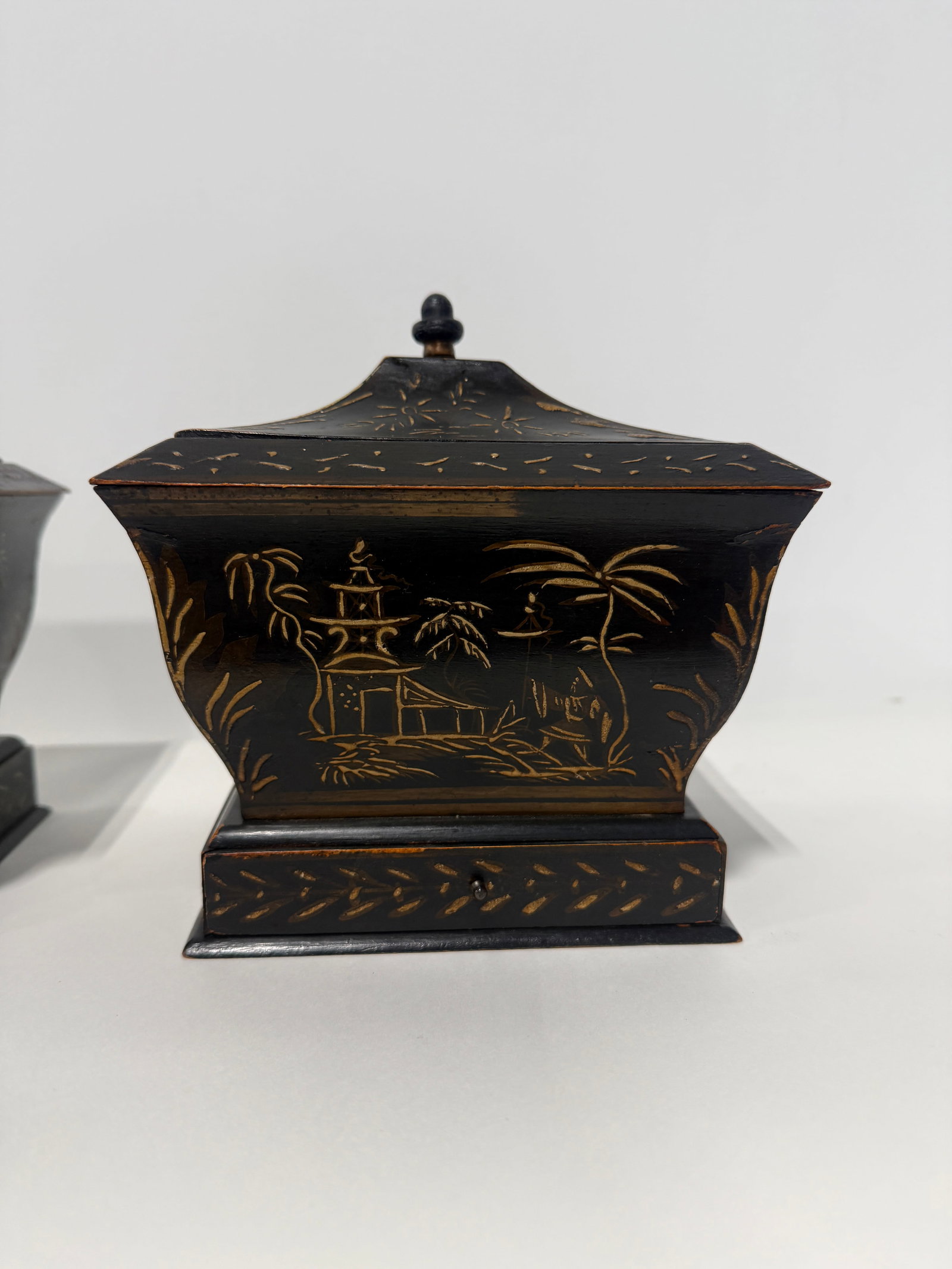 Pair, Japanned Chinoiserie Tea Caddies W/ Sifter Drawers, English C. 1830 - 4