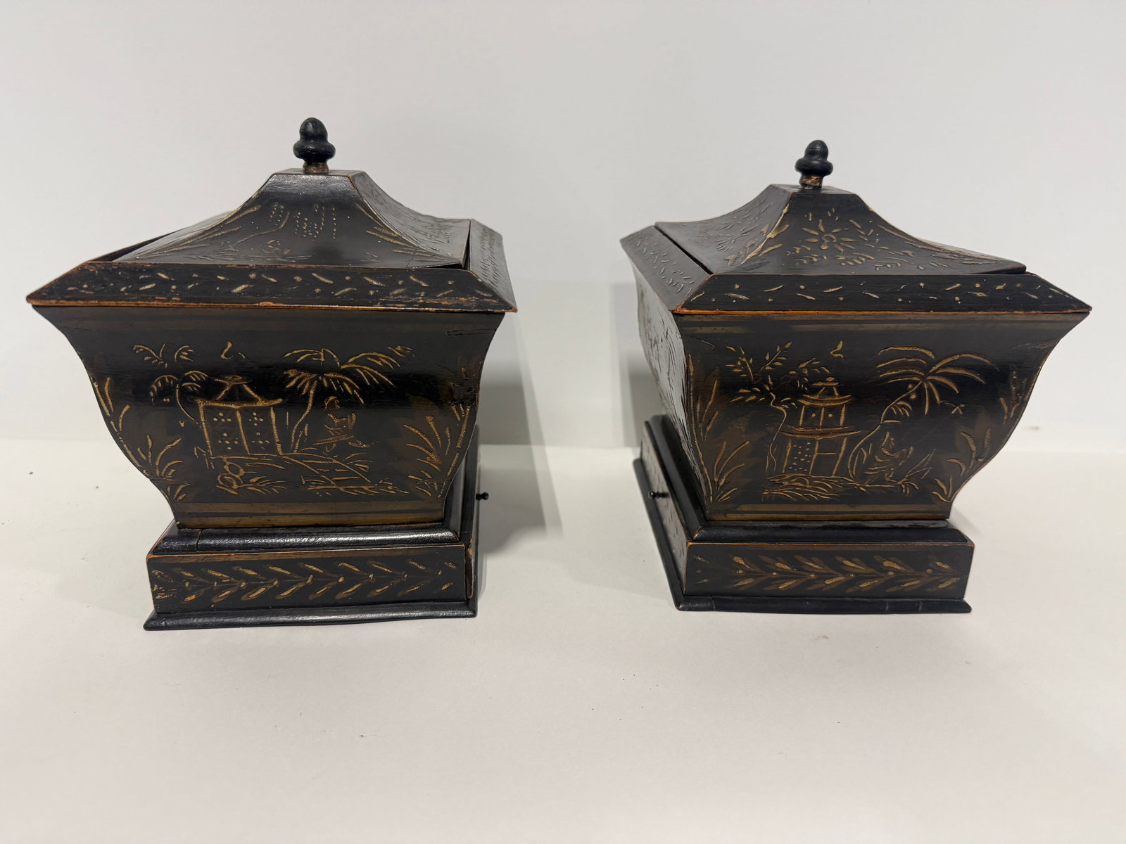 Pair, Japanned Chinoiserie Tea Caddies W/ Sifter Drawers, English C. 1830 - 8