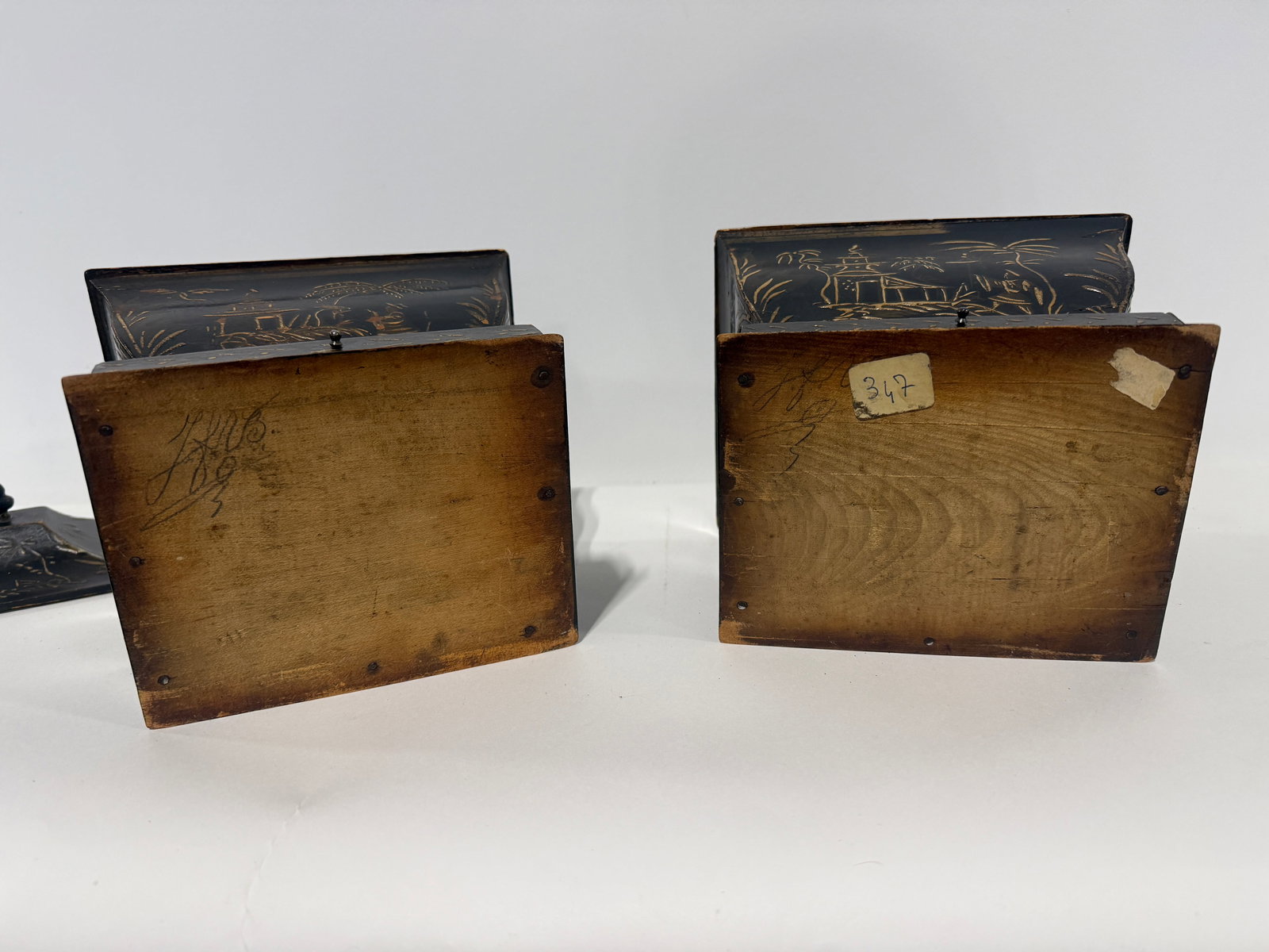 Pair, Japanned Chinoiserie Tea Caddies W/ Sifter Drawers, English C. 1830 - 9